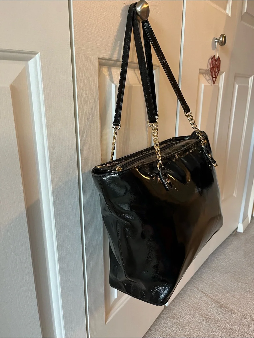 Michael Kors Black Patent Tote with Gold Chain Straps